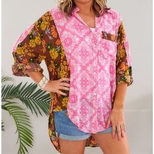 Unique POL Paisley & Floral Oversized Button Up Top Medium Mixed Fabric